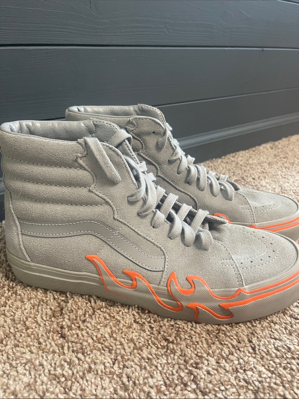 Vans Men’s High-Top Suede Sneakers - Gray Suede with Orange Flame - Picture 2 of 7